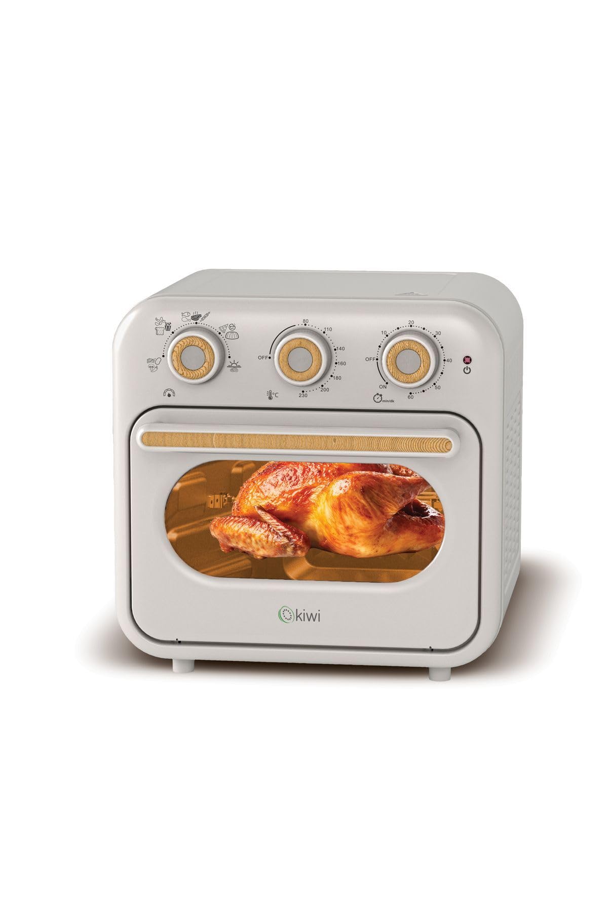 Various accessories for KIWI KAF-5556 Air Fryer including racks, rotisserie spit, and rotating basket