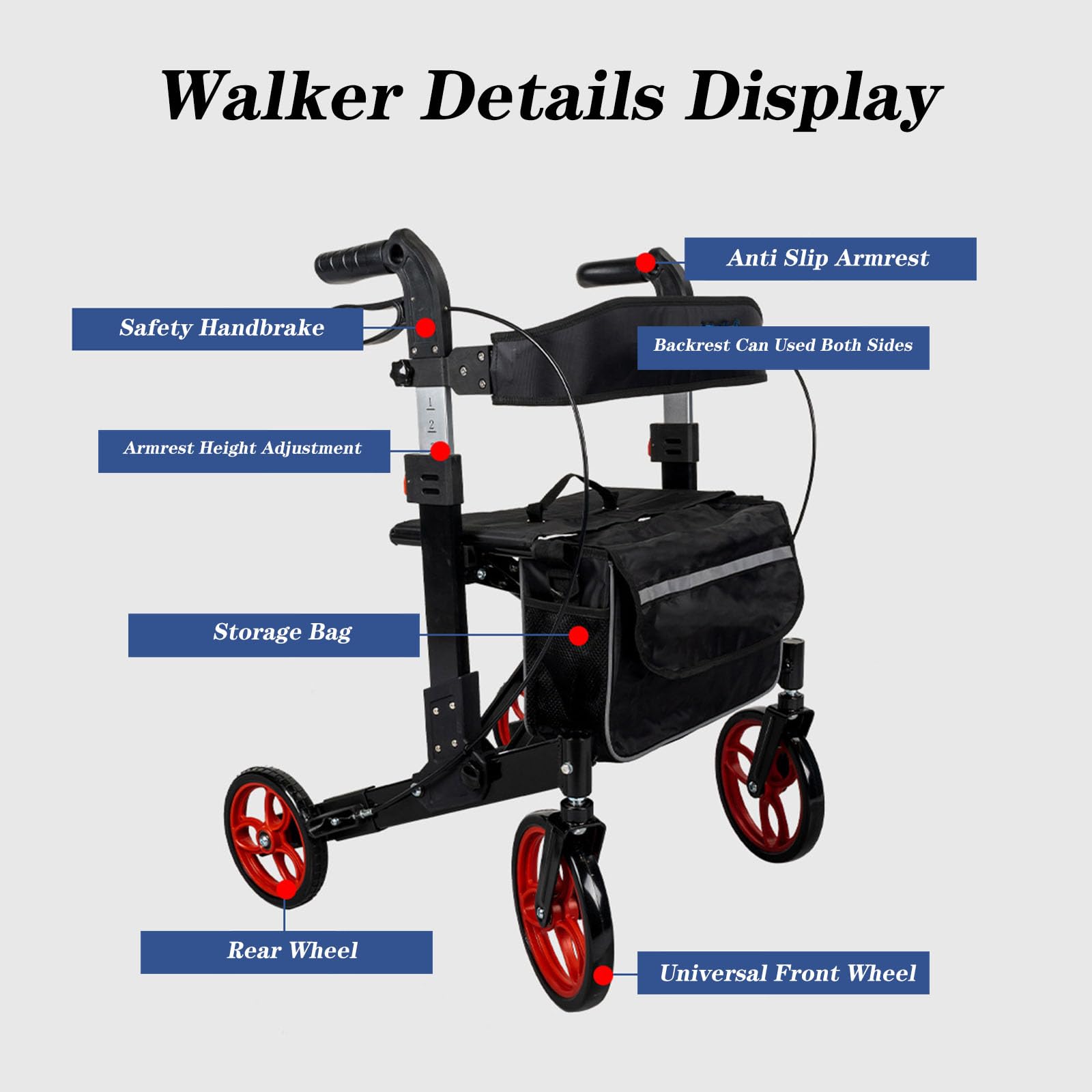 SFKLYU Składany Chodzik Typu Rollator Chodziki Typu Rollator Dla Seniorów Z Siedziskiem, Lekka Aluminiowa Rama Chodzik Typu Rollator Dla Pacjentów Z Hemiplegią, Udarem Mózgu,A2