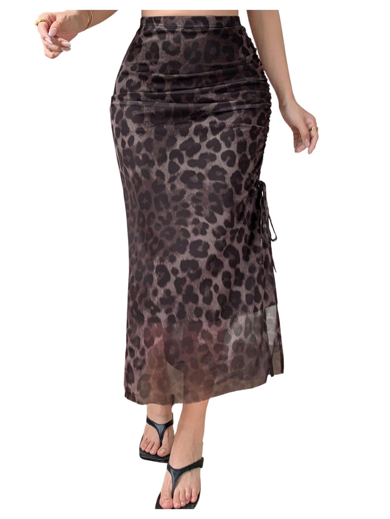 Verdusa Womens Leopard Print Mesh Slit Drawstring Fishtail Bodycon Skirt Elegant Ruched Long Skirts