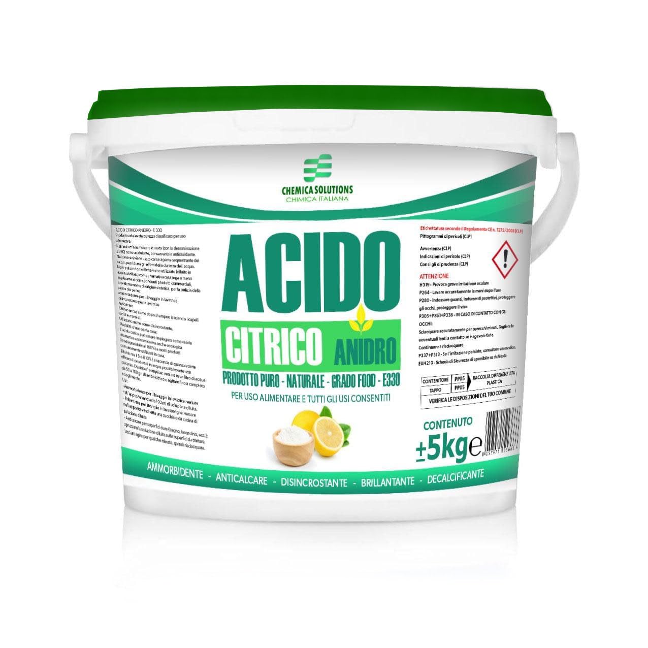 Ácido cítrico 100 % anhidro E330 natural multifuncional limpiador de suelos, limpiador de cal, lavadora, abrillantador, descalcificador, alimentos, lata de 5 kg