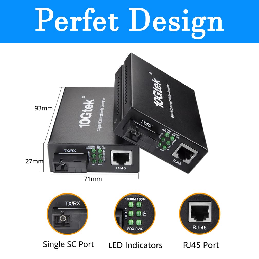 un par de Bidi Gigabit Ethernet Media Converter, 1.25G SFP to RJ45 Fiber to copper, Built-in Bidi SFP Transceiver (1000Base-LX, 20km, singlemode simplex SC)