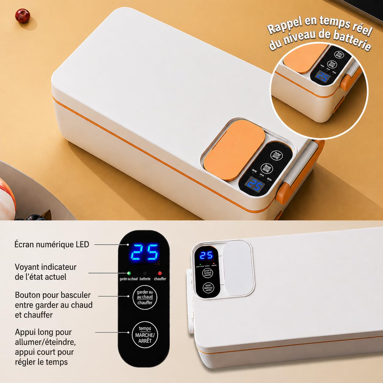 Boîte Repas Électrique Sans Fil 1L avec Batterie 12000mAh, Lunch Box Chauffante Portable, Chauffe-Plat Inox avec Écran et Minuterie, pour Travail, Bureau, Voiture, Camping