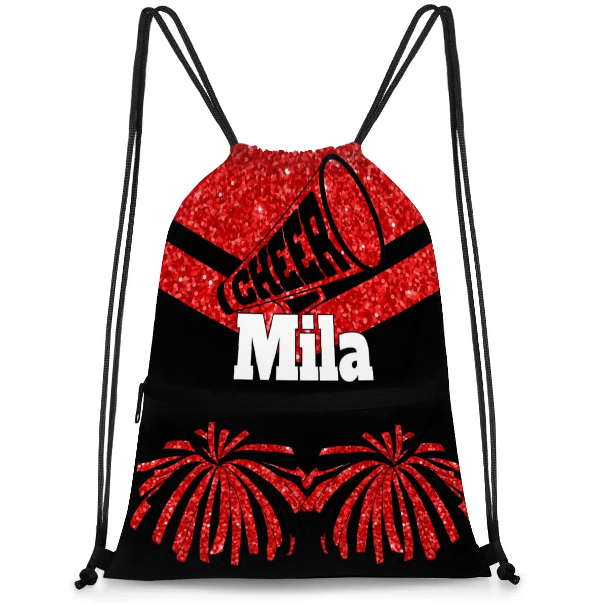 KFNHN Custom Drawstring Gym Bags, Customize Your Own Name Cheer Bags Customized Gift Sports Travel Gym Ballet Dance Drawstring Bag, Red Black Glittering Cheer Team