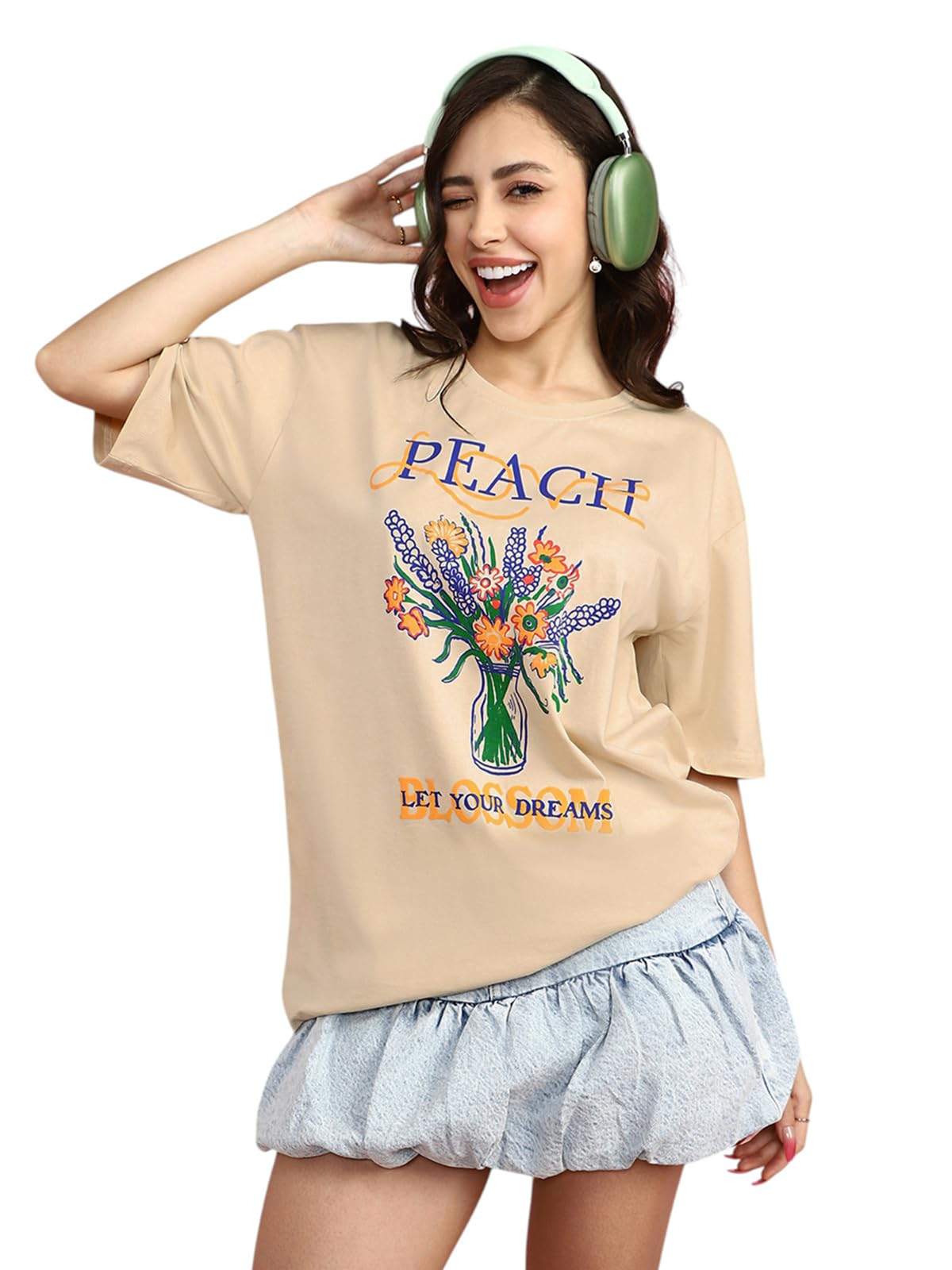 juneberry 100% Pure Cotton Oversized Loose Fit Half Sleeve Cool Front Chest Graphic Printed Round Neck Drop Shoulder T-Shirt for Women S to 2XL-picture-12