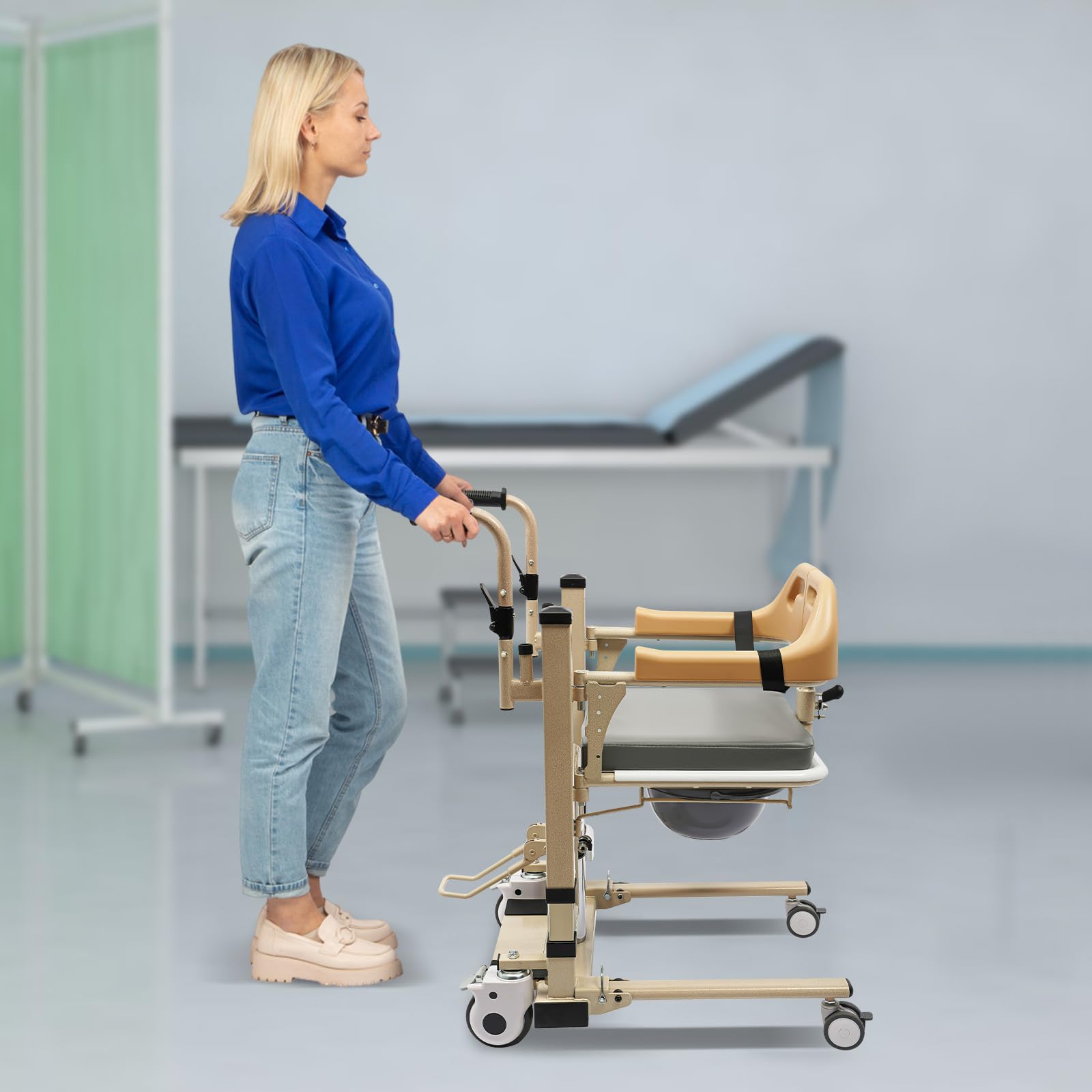 Hydraulischer Patientenlifter mit 180° Geteiltem Sitz Höhenverstellbar Transporthilfe Belastung 200 KG Patiententransportstuhl mit Tischplatte und Rollen