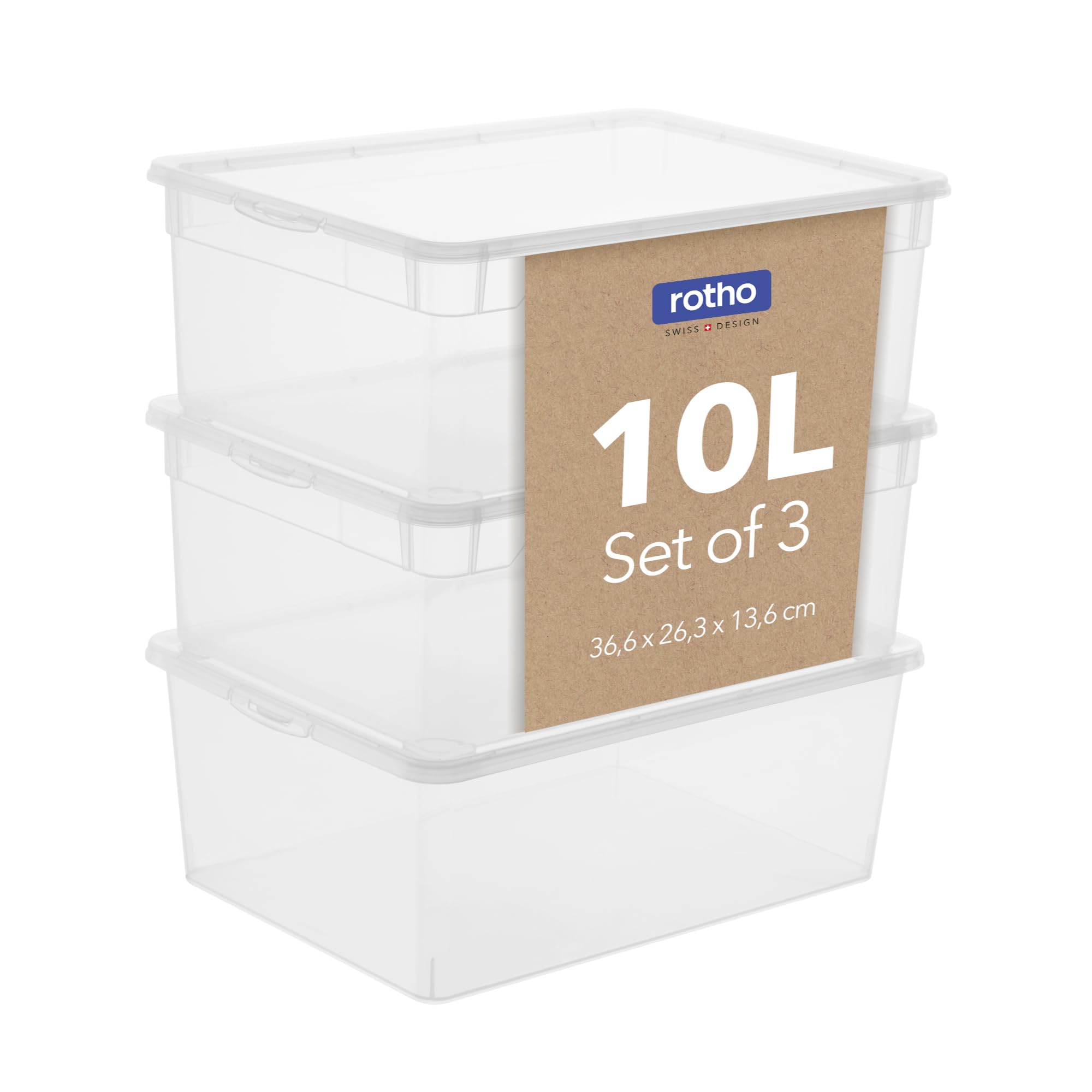 Rotho Clear Storage Boxes with Lids Set of 3 x 10 L Stackable Transparent