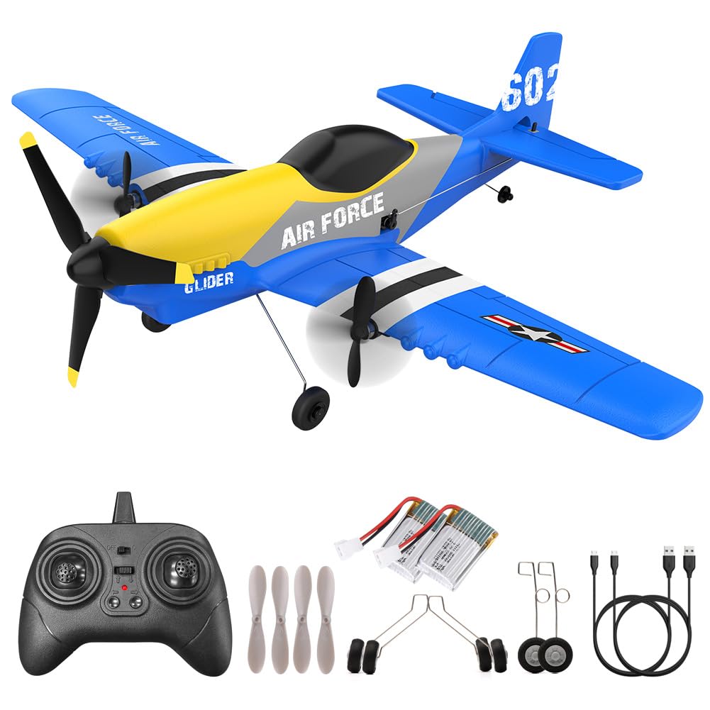 Fremego RC Flugzeug RTF,P51 3 Kanal Ferngesteuertes Flugzeug für Anfänger | 2,4GHz P-51D Mustang Kampf Flugzeugs mit 6-Achsen-Gyro-Stabilisator&2 Batterien für Erwachsene