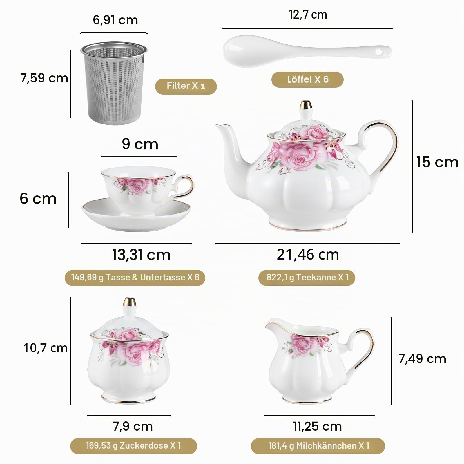 Sweejar Porzellan Tee-Set Vintage Floral British Relief Gold Rand Teekanne Tasse und Untertasse Sets 22 Stück Tee-Sets für Erwachsene mit Teekanne, Zuckerdose, Milchkännchen, Löffeln, Tasse und