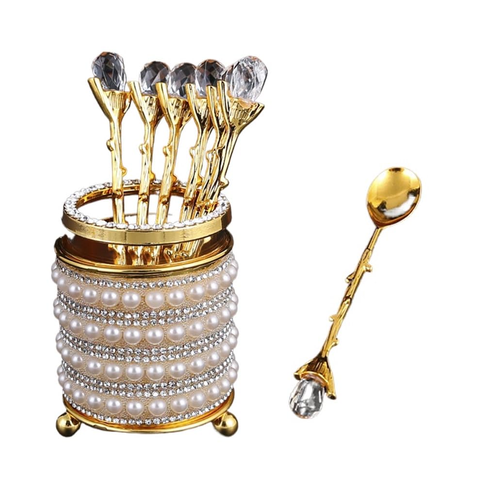 6-piece Zinc Alloy Coffee Spoon Set with Diamond Storage Box Set Cake Dessert Tea Spoon Cutlery Tube (E)