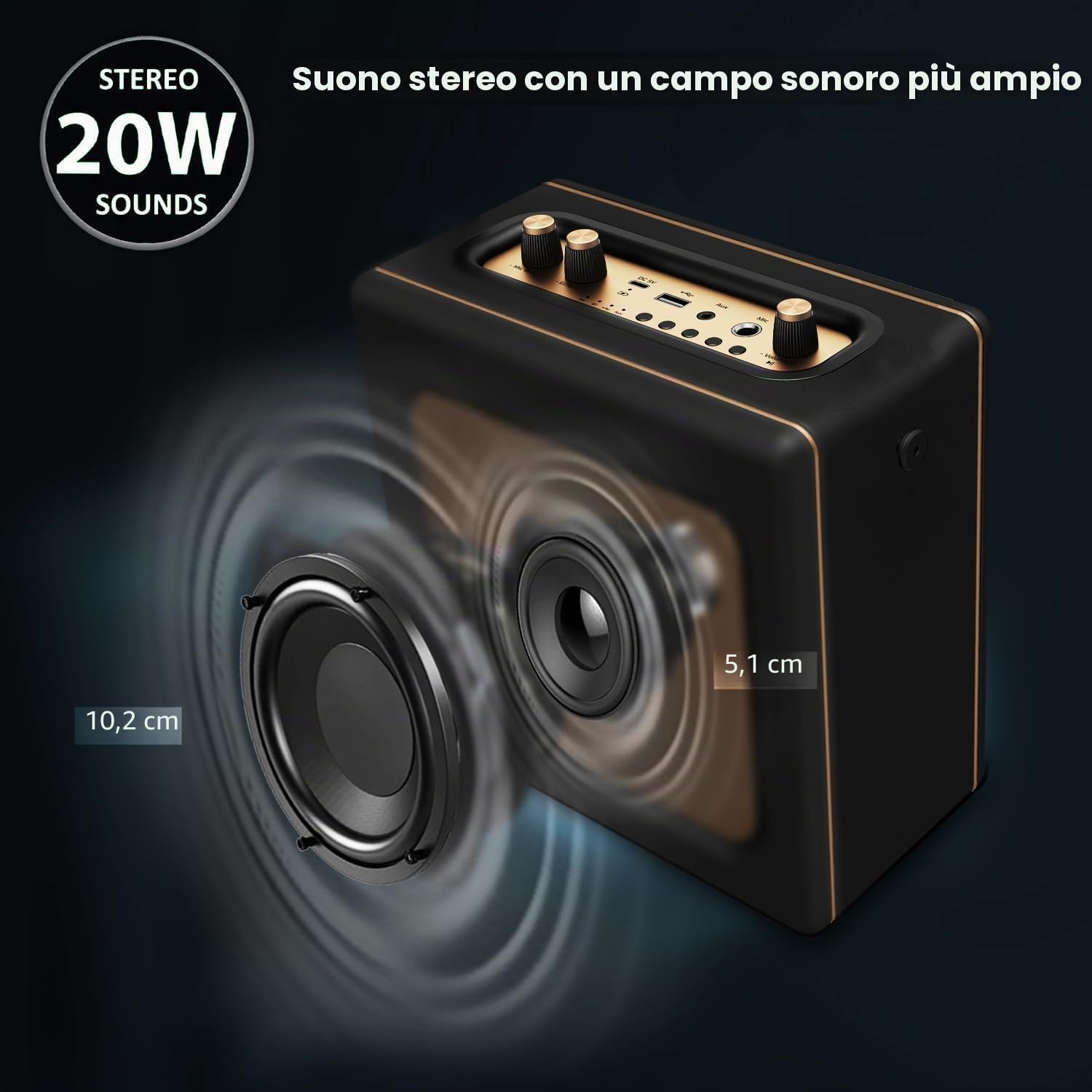 LONPOO Stereo Altoparlante Bluetooth retrò effetto pelle con batteria, altoparlante portatile da 20 W con riproduzione USB, Aux-IN, connettore microfono da 6,5 mm, ricarica di tipo C, nero