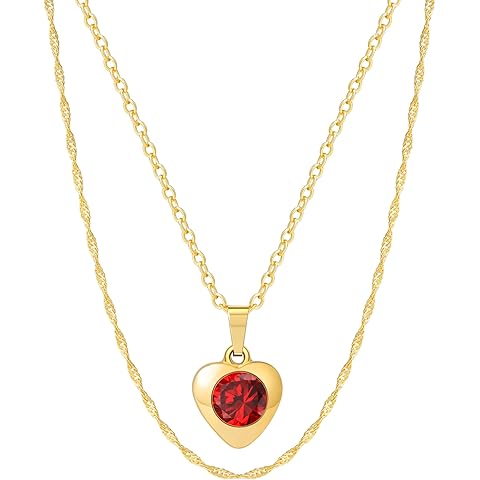 XIJIN Layered Heart Necklaces for Women 14K Gold Plated Chain Red Cubic Zirconia Heart Chunky Pendant Necklace 18 inches