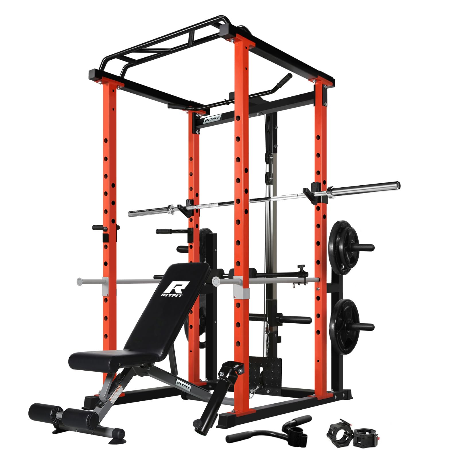 RitFit Squat Rack Power Cage Home Gym Package, Includes 1000LBS Power Rack with LAT Pull Down, Weight Bench, Rubber/Bumper Plates Set with Olympic Barbell (Package 1.2K (Rubber Plate 140LBS))-Orange