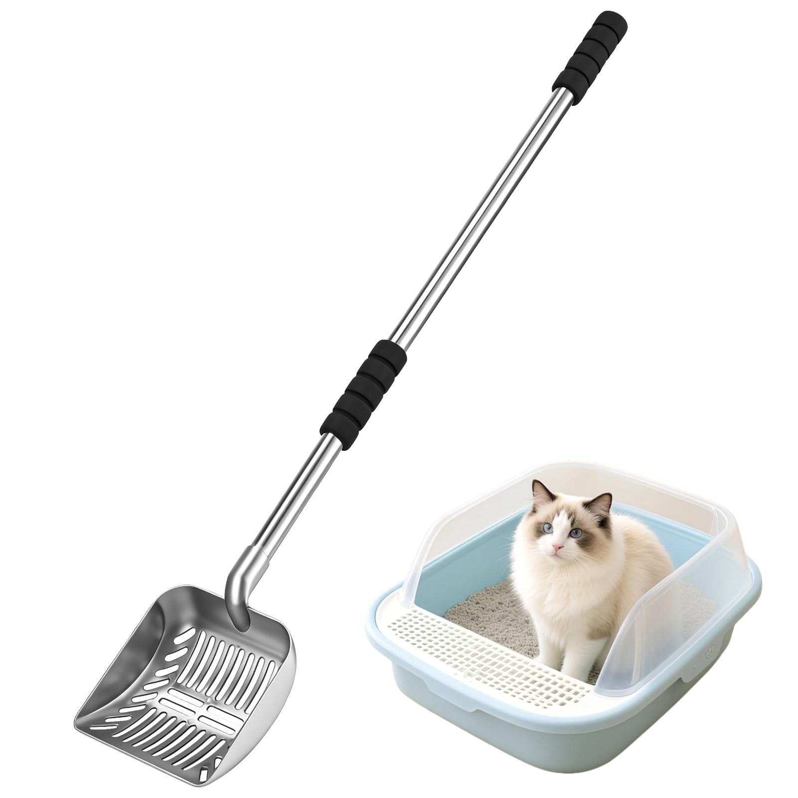 Paletta in metallo per lettiera per gatti con manico lungo 81,3 cm, setaccio a rete stretta da 0,6 cm, resistente paletta per rifiuti di animali domestici con impugnatura in schiuma, design staccabile
