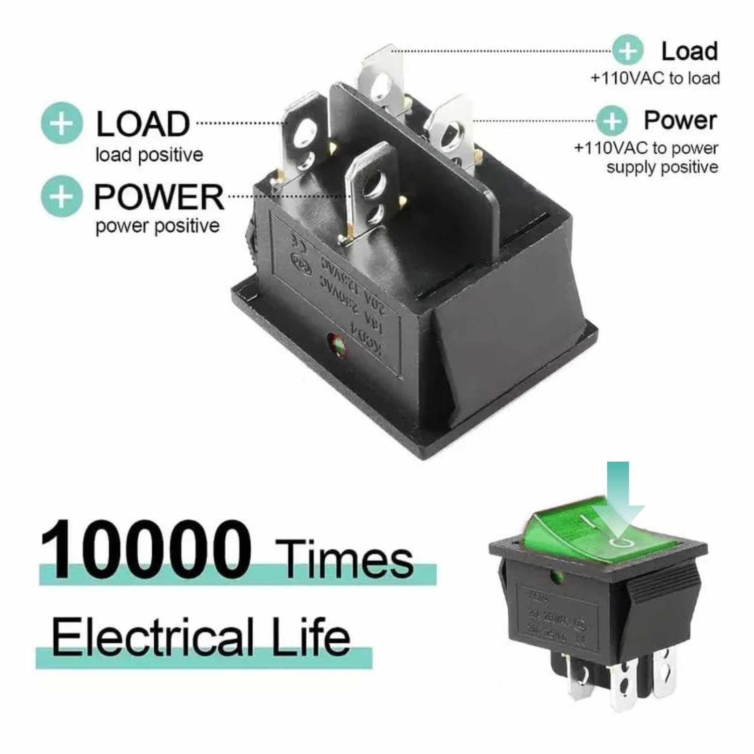AUTOZOCO Interruptor Basculante DPST ON/OFF 4 pin, Interruptor Basculante DPST de Encendido y Apagado, Interruptor de Encendido/Apagado de Dos polos y Cuatro Terminales, 250 V - 16A, PVC, Luz Verde - imagen 4