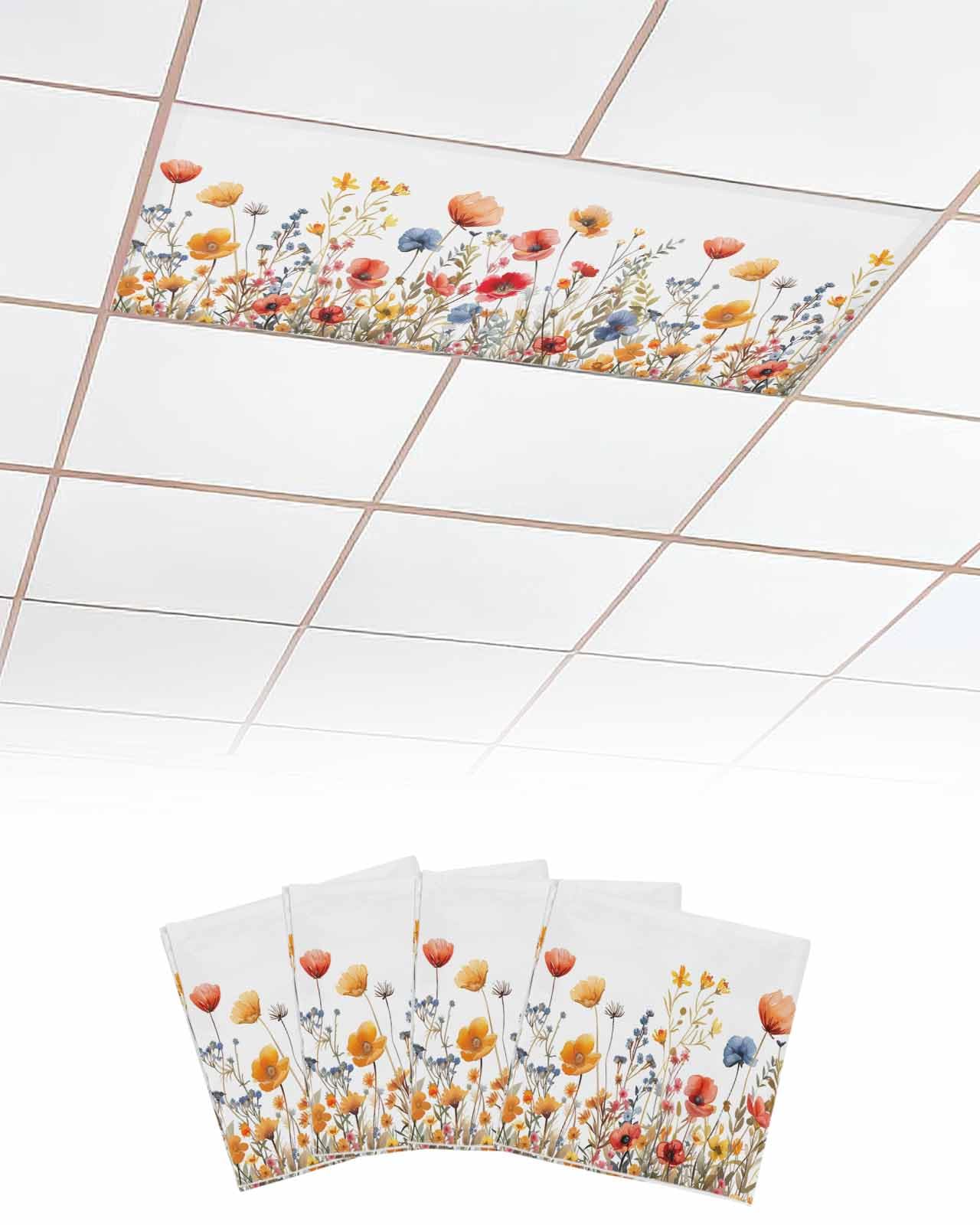 Floral 4 Pcs Fluorescent Light Covers for Ceiling Lights, Spring Summer Vintage Colorful Flower Magnetic Light Filters for Eliminate Harsh Glare Classroom Office Decoration, 4 x 2 Ft