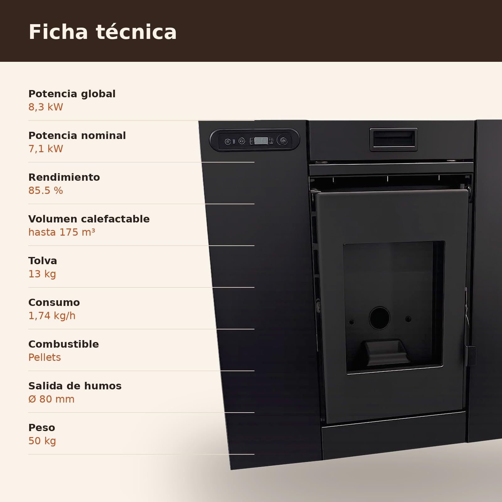 EIDER BIOMASA Insertable de Pellets INSERT 8 – Estufa de Pellets para Chimenea – 7,98 kW – Rendimiento 94% – Tolva 13 kg – Hasta 185 m³ – Programable WiFi