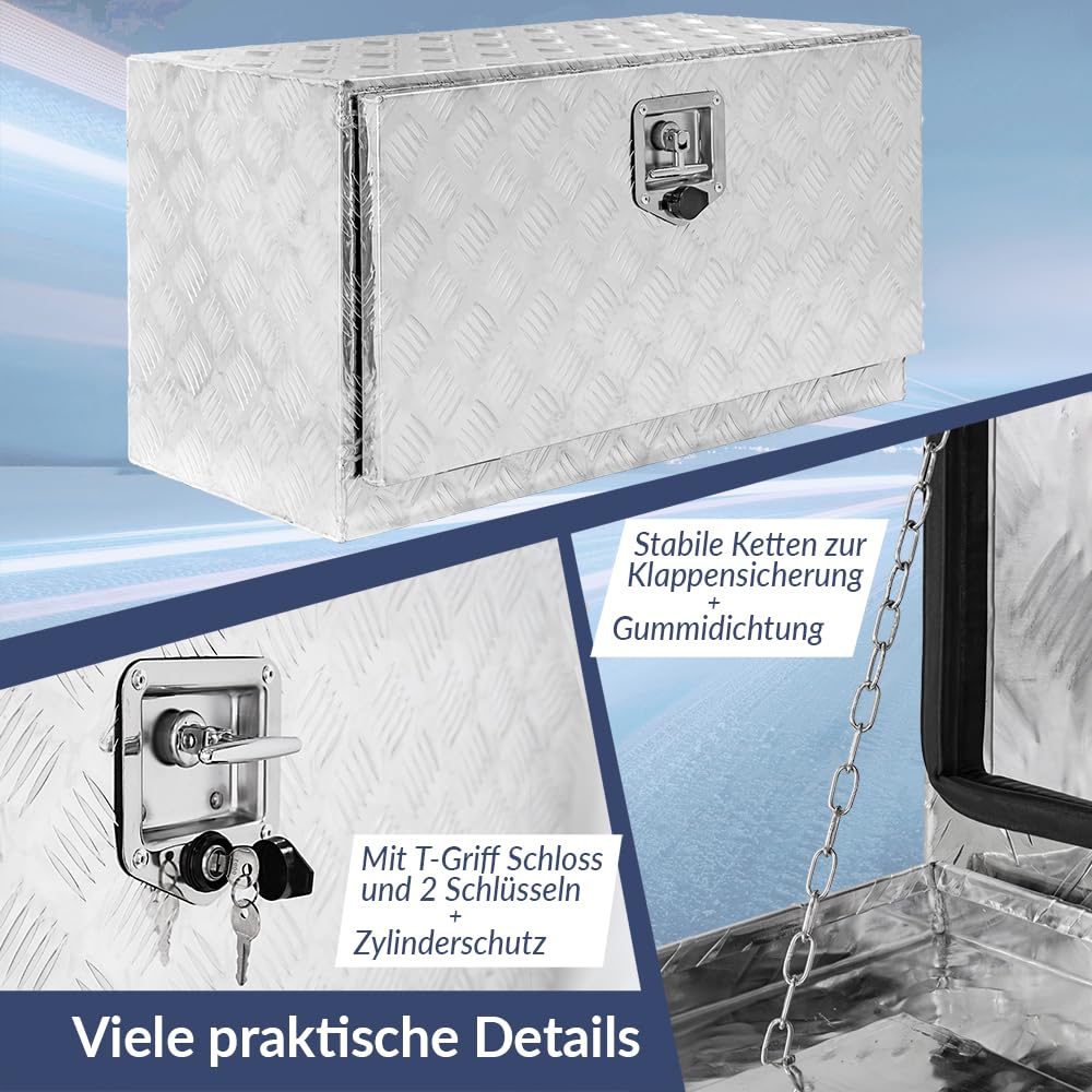 Trucky Aluminiowa skrzynka na przyczepę, 76 x 35 x 40 cm, skrzynka na narzędzia z zamkiem i kluczem, stabilna