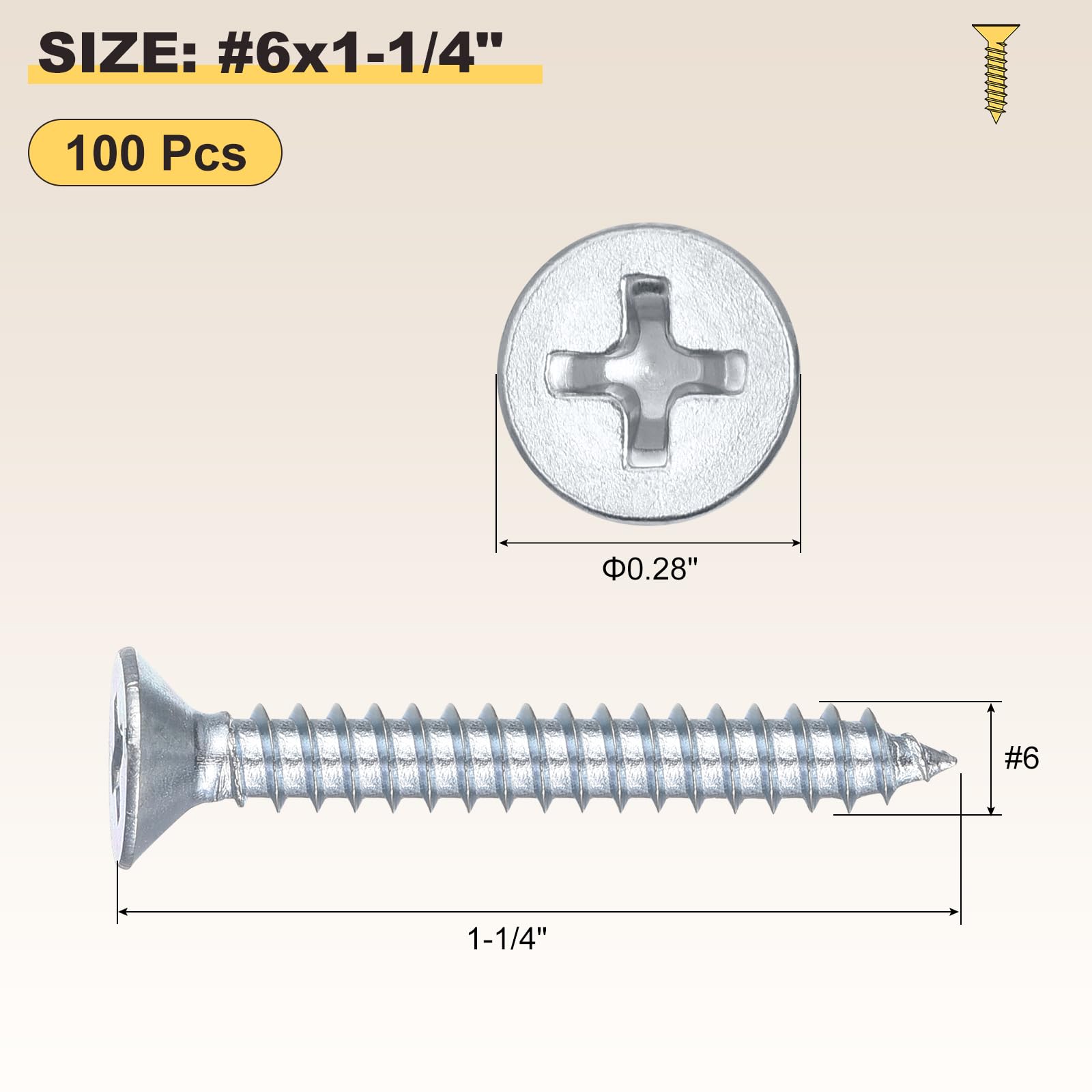 METALLIXITY Countersunk Phillips Wood Screws (#6x1-1/4") 100Pcs, Carbon Steel Coarse Thread Phillips Drive Flat Head Wood Screws - for Furniture Installation Repair, Bluish-white - Image 2