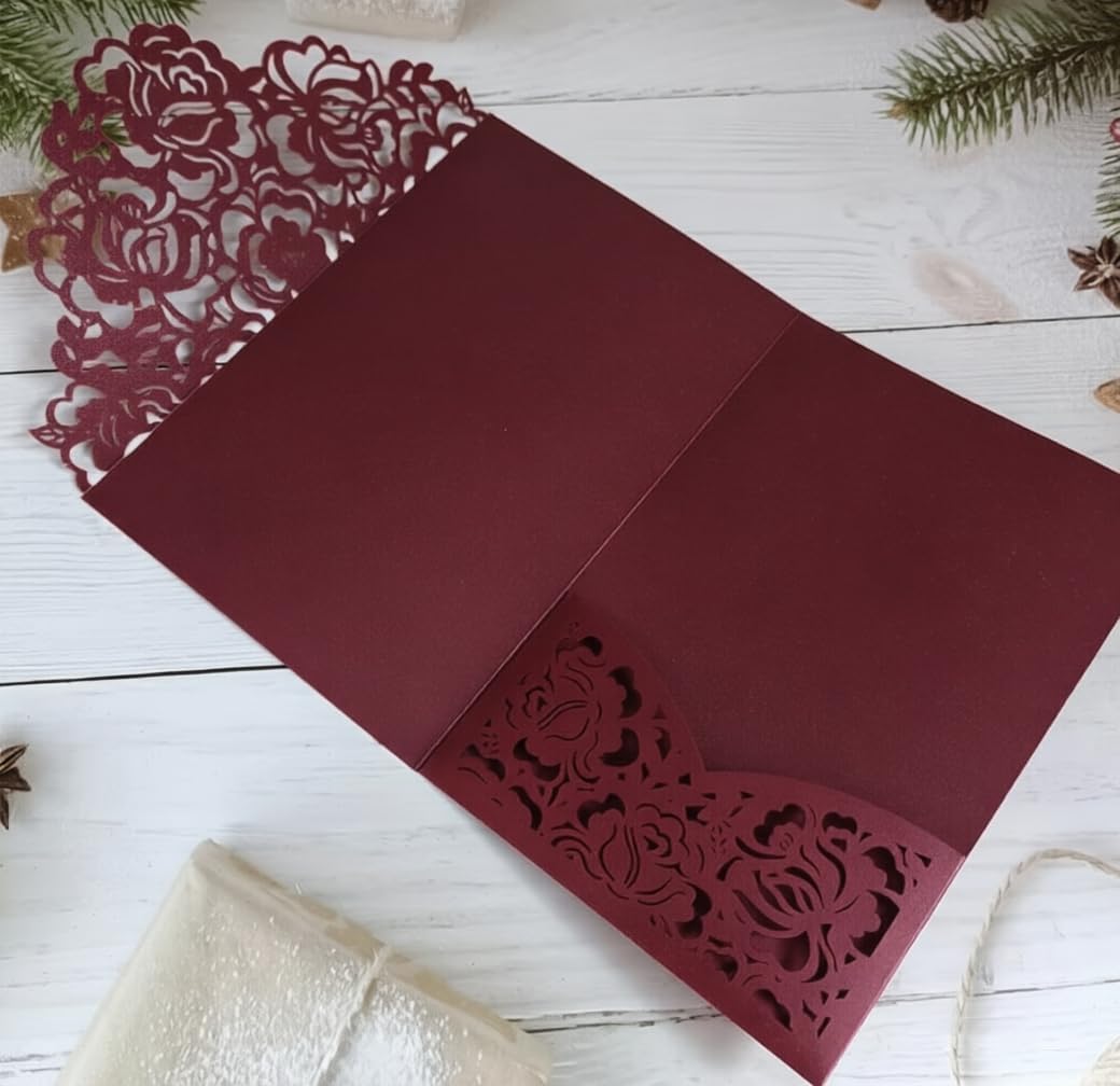 50 Pieces Red Shimmer Rose Floral Laser Cut Paper Invitation Card For Wedding Quinceanera Invitation Jacket (Red)