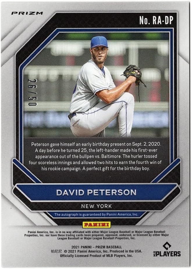 David Peterson 2021 Panini Prizm Baseball ROOKIE PURPLE PRIZM AUTOGRAPH Signed Collectible Insert Trading Card #26/50 (Only 50 Made)