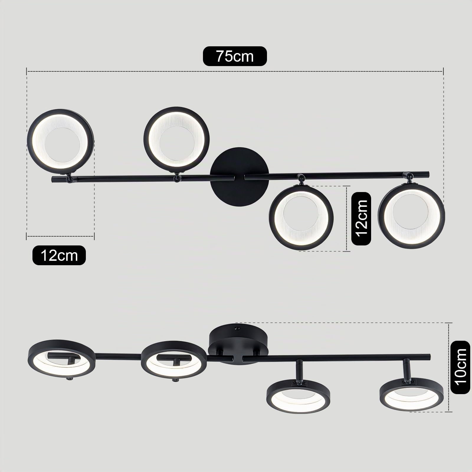 LED Deckenleuchte, Schwarz Moderne Runde Deckenlampe mit 4 Ringe, 20W 4000K | WILON Deckenbeleuchtung Innen Flur Deckenleuchte, Deckenlampen für Wohnzimmer Treppe Schlafzimmer Balkon Küche Veranda