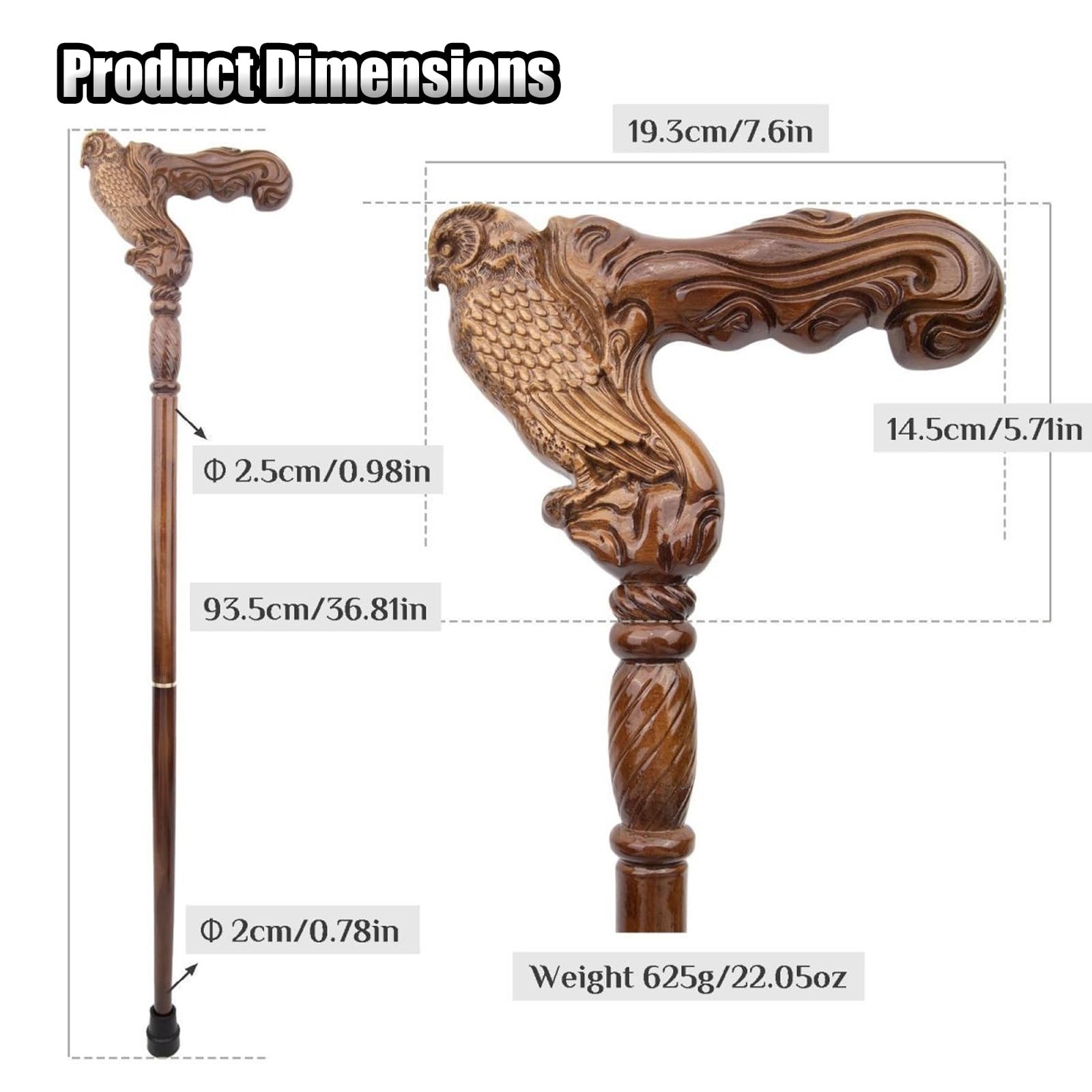 Bastoni da Passeggio in Legno a Forma di Gufo, con Impugnatura Ergonomica e Punta in Gomma Antiscivolo, per Uomo e Donna Decorativi di Lusso 93 Cm