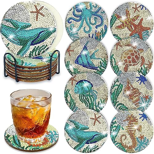 REZELADA Diamond Painting Coasters Kit with Holder, 8 Pcs DIY Diamond Painting Ocean Art Coasters, Diamond Painting Art Kits for Beginners, Adults Art Table Decor Craft Gift Supplies