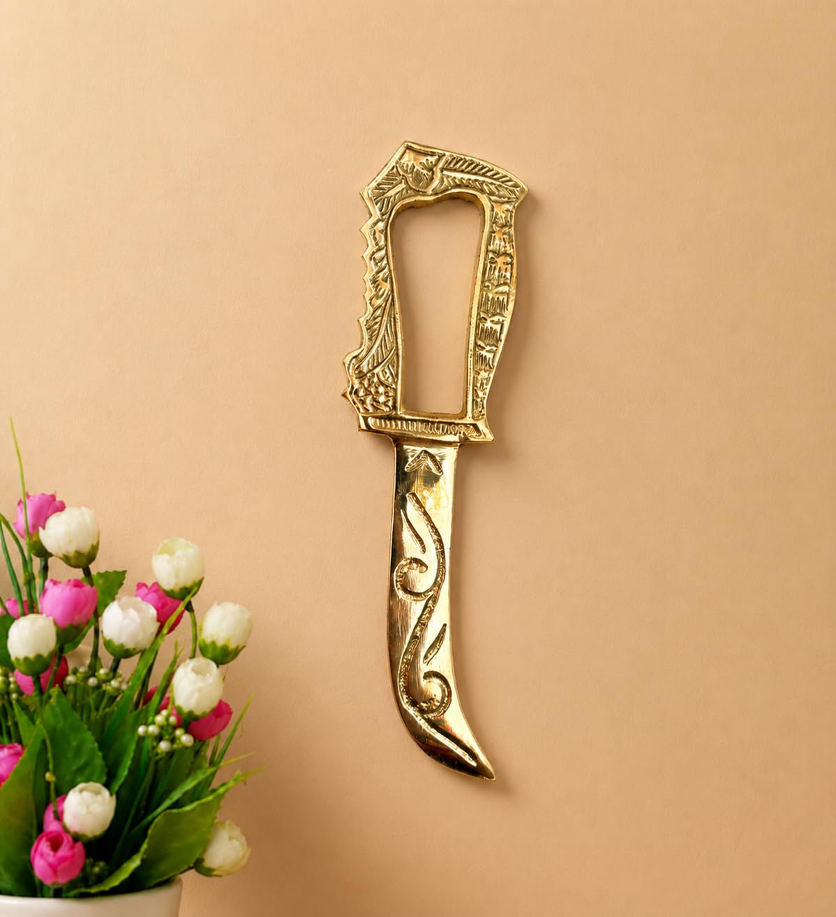 MOJO JOJO Premium Brass Talwar Wall Decor | Handcrafted Decorative Brass Sword Wall Hanging | Traditional Indian Wall Art for Home, Office & Temple | Vintage Brass Wall Decoration-image-9