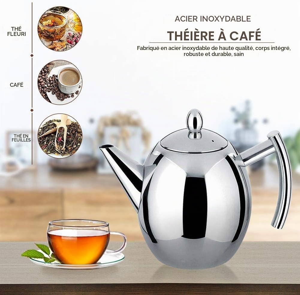 Fyearfly Théière en acier inoxydable avec infuseur, théière de 1 litre/1,5 litre, théière en argent fine avec filtre pour maison, hôtel, restaurant, thé en vrac(1L)