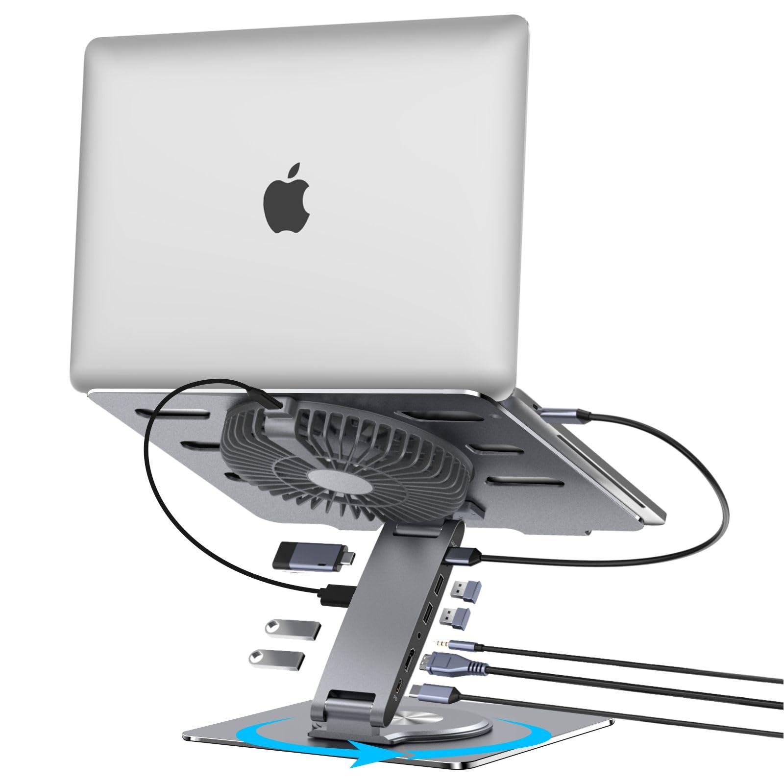 Hub USB-C Supporto per laptop con ventola, Riser per laptop in alluminio con docking station 9-IN-1, HDMI 4K a 60Hz, ricarica PD da 100 W, USB 3.0, audio da 3,5 mm, girevole a 360°, per MacBook Pro