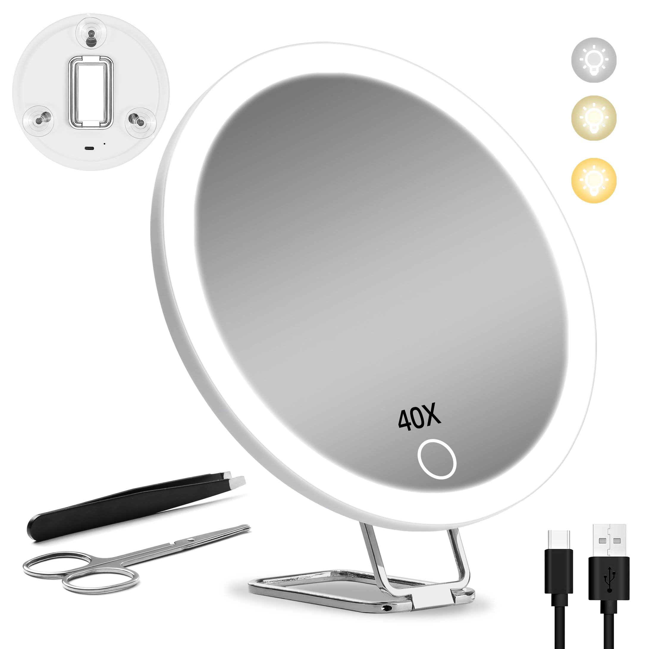 Espejo de aumento de 40 aumentos con luces, tamaño compacto de viaje de 6 pulgadas, espejo de aumento de maquillaje iluminado 40X con 3 ventosas y soporte ajustable de 360°, incluye pinzas y