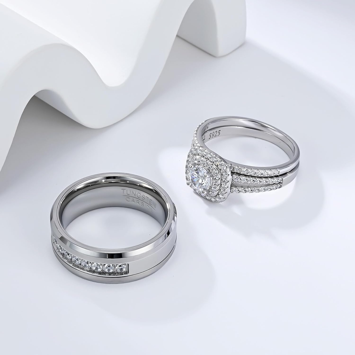 Couple Rings White Gold Plated 925 Sterling Silver Ring 1CT Round AAAAA CZ Women Wedding Ring Sets Men Wedding Band