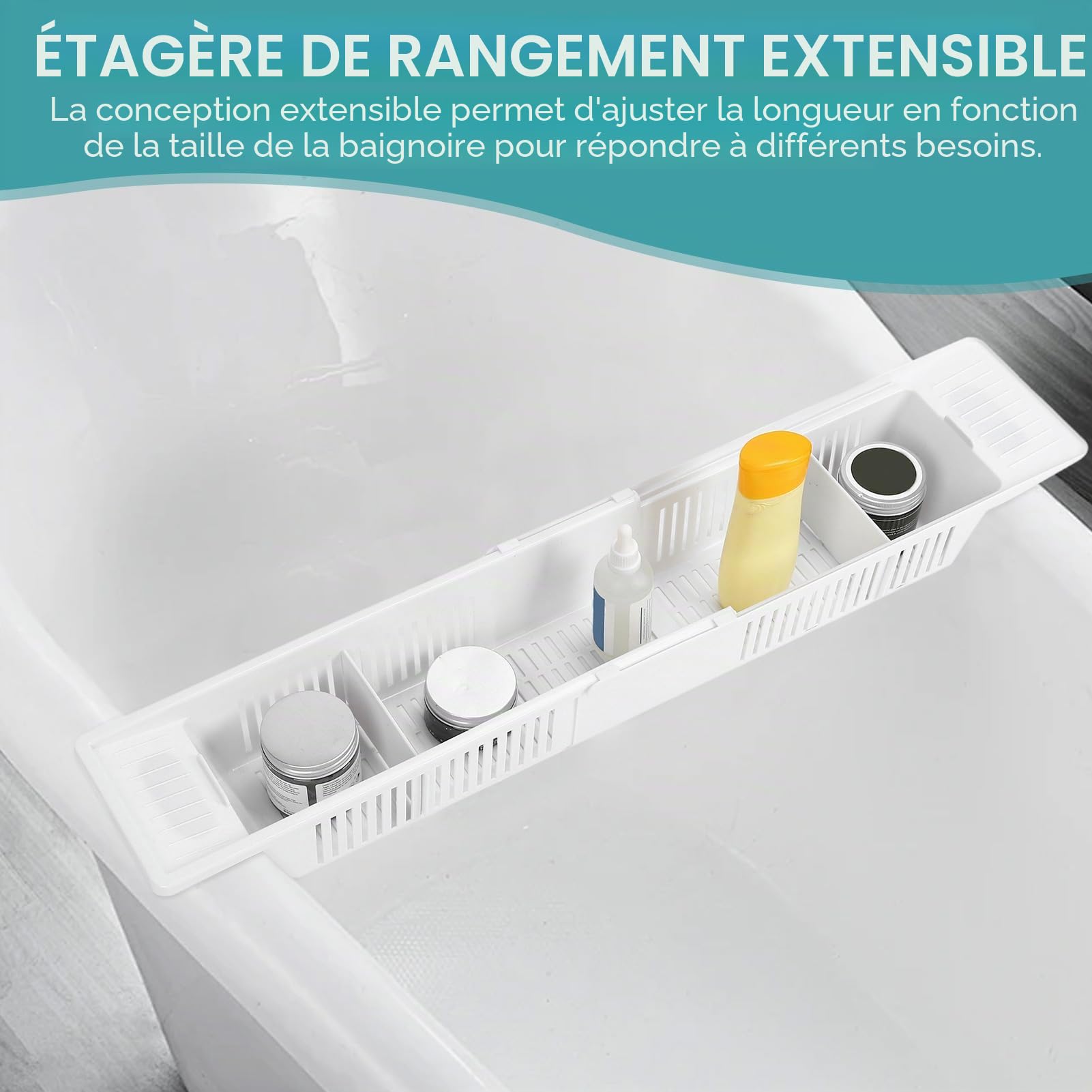 Plateau De Baignoire Rétractable, étagère De Bain Réglable Plateau De Rangement en Plastique Simple Organisateur De Jouets De Bain Panier De Rangement pour Shampooing Gel Douche