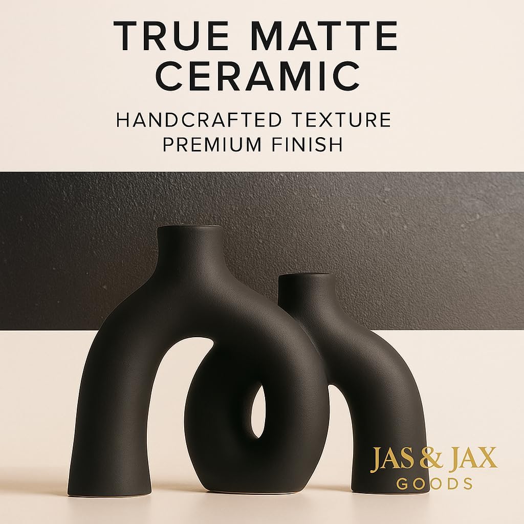 Matte Black Ceramic Vase Set - Modern Hug Donut Ceramic Vases by JAS & JAX GOODS, Minimalistic Nordic Home Decor Centerpiece for Console Tables, Living Room, Bookshelf, or Fireplace Mantel