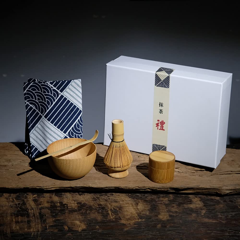 Juego de té matcha japonés de 5 piezas, batidor/cuenco/soporte/cuchara de bambú/latas de matcha de bambú para ceremonia tradicional de té japonesa