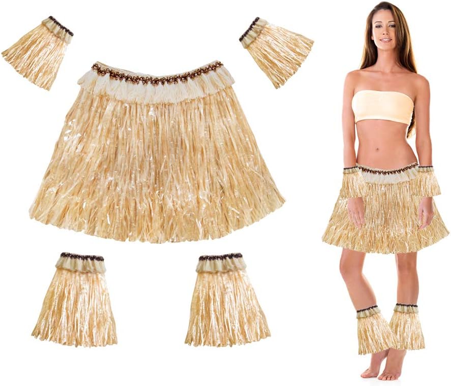 Hawaiian Hula Grass Skirt with Bracelets for Adults and Kids, Summer Tropical Luau Party Costume Favors