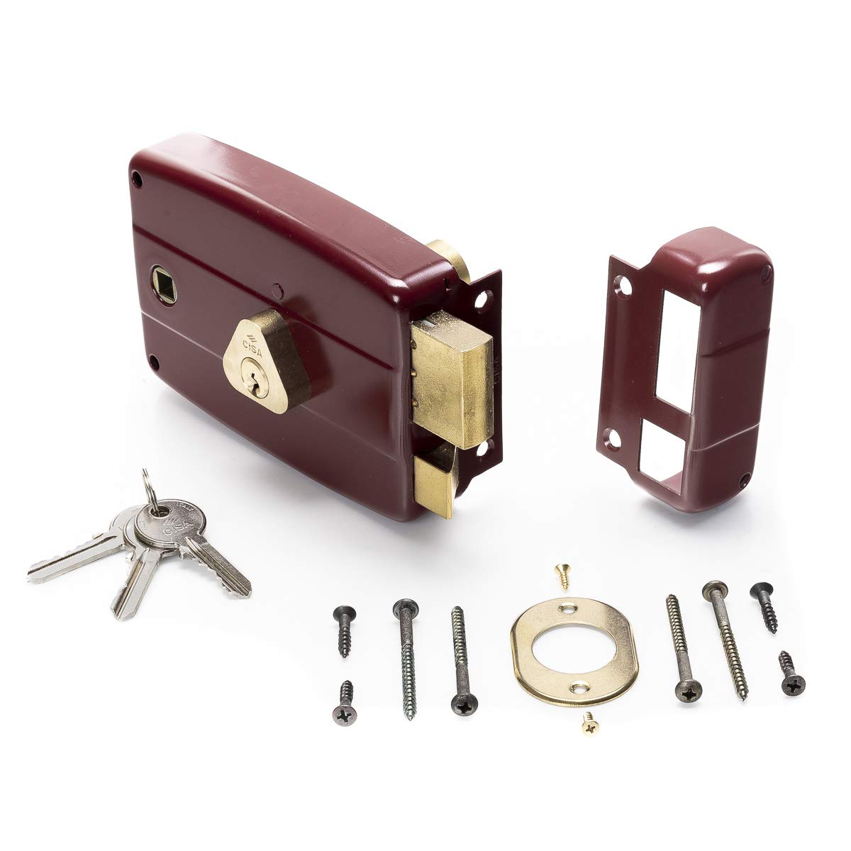 CISA 150171601N6, Serratura Applicare, Cilindro Interno, Catenaccio e Scrocco, Cilindro Standard, Acciaio Verniciato Color Rosso Amaranto, Entrata 60, Mano Destra