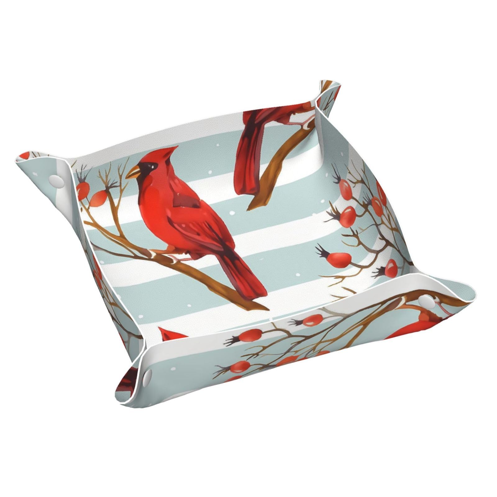 HLBSDM Winter Cardinal Birds & Red Berry Tray Men's Leather Valet Parking Portable Entrance Trays Bedside Storage Box