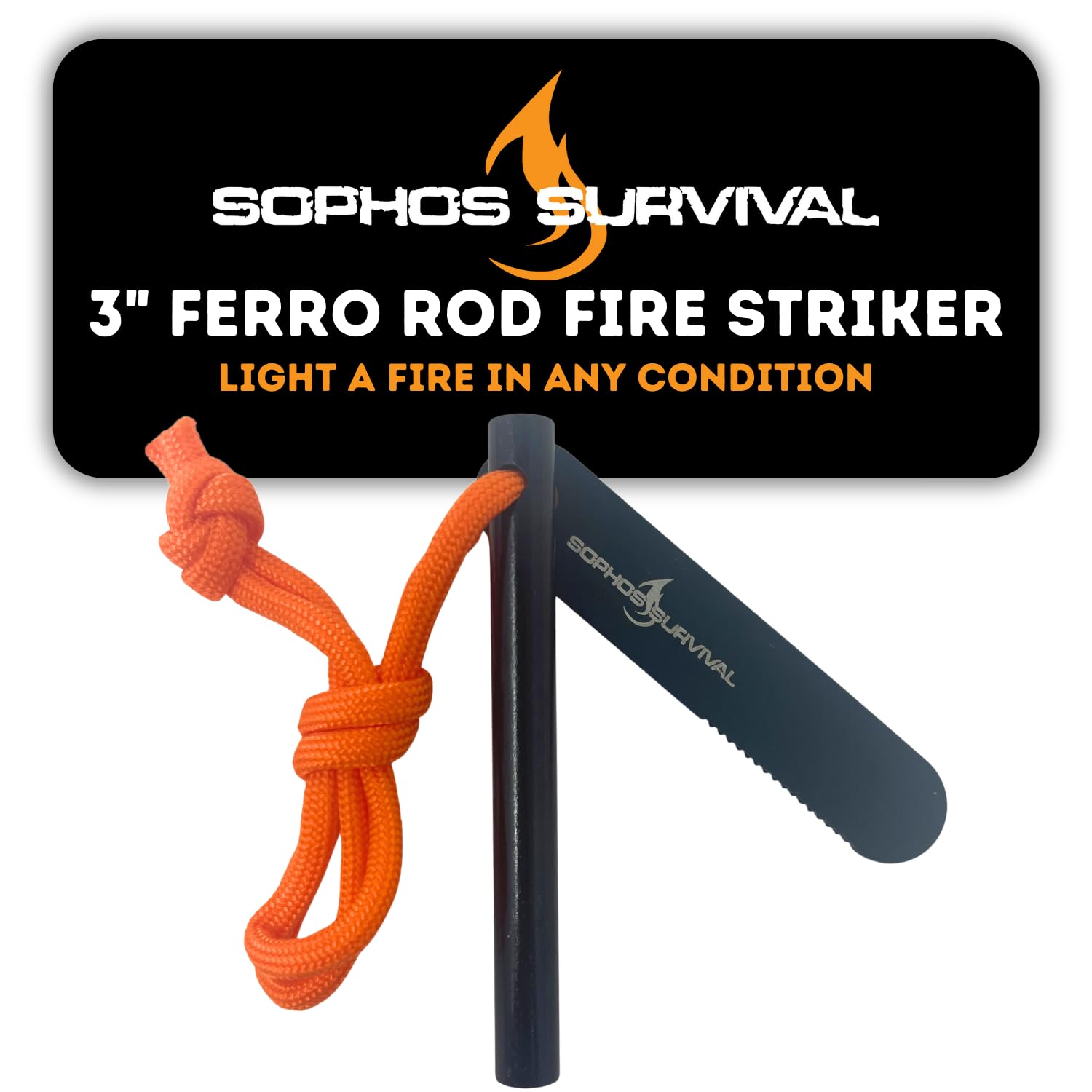 Sophos Survival Ferro Rod Fire Starter Drilled Flint and Steel Survival Tool Kit with High Visibility Paracord Lanyard and Weatherproof Striker - 3 Inches Long x 5/16 Inch Diameter