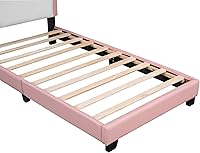 Vista 8 de Elegante cama de princesa tapizada de tamaño individual con cabecera corona, plataforma de piel sintética con soporte resistente de listones