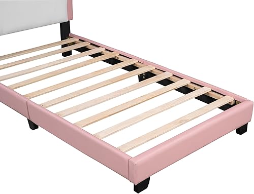 Miniatura 7 de Bonita cama tapizada de tamaño individual con plataforma de princesa con cabecera y estribo de corona, para niños, niñas y adolescentes (blanco +