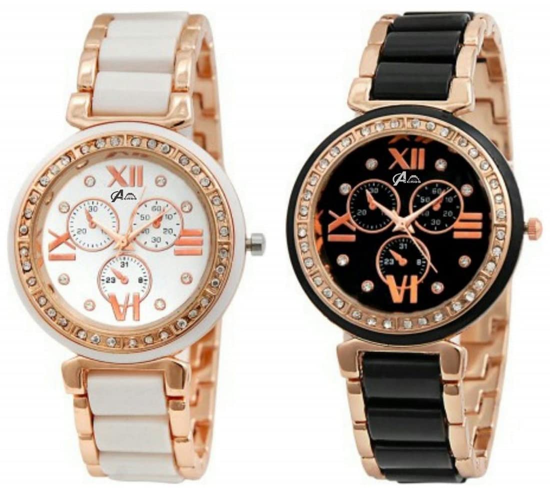 Acnos Stainless Steel Premium White Dial White Rose-Gold Colored Strap Analog Women&Black Dial Black Rose-Gold Colored Strap Analogue Girls Watches Pack Of 2, Multi-Color Band (B08WS1MHBQ) Amazon Price History, Amazon Price Tracker