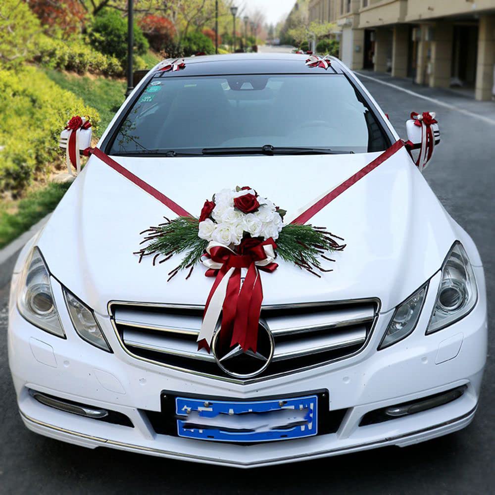 1Pcs Hochzeitsdeko Auto Wedding Deko Autoschmuck Hochzeit Braut Paar Rose Deko Brautwagen Girlande Dekoration Brautwagen Girlande Dekoration Hochzeitsauto Blume Schleife Auto Deko
