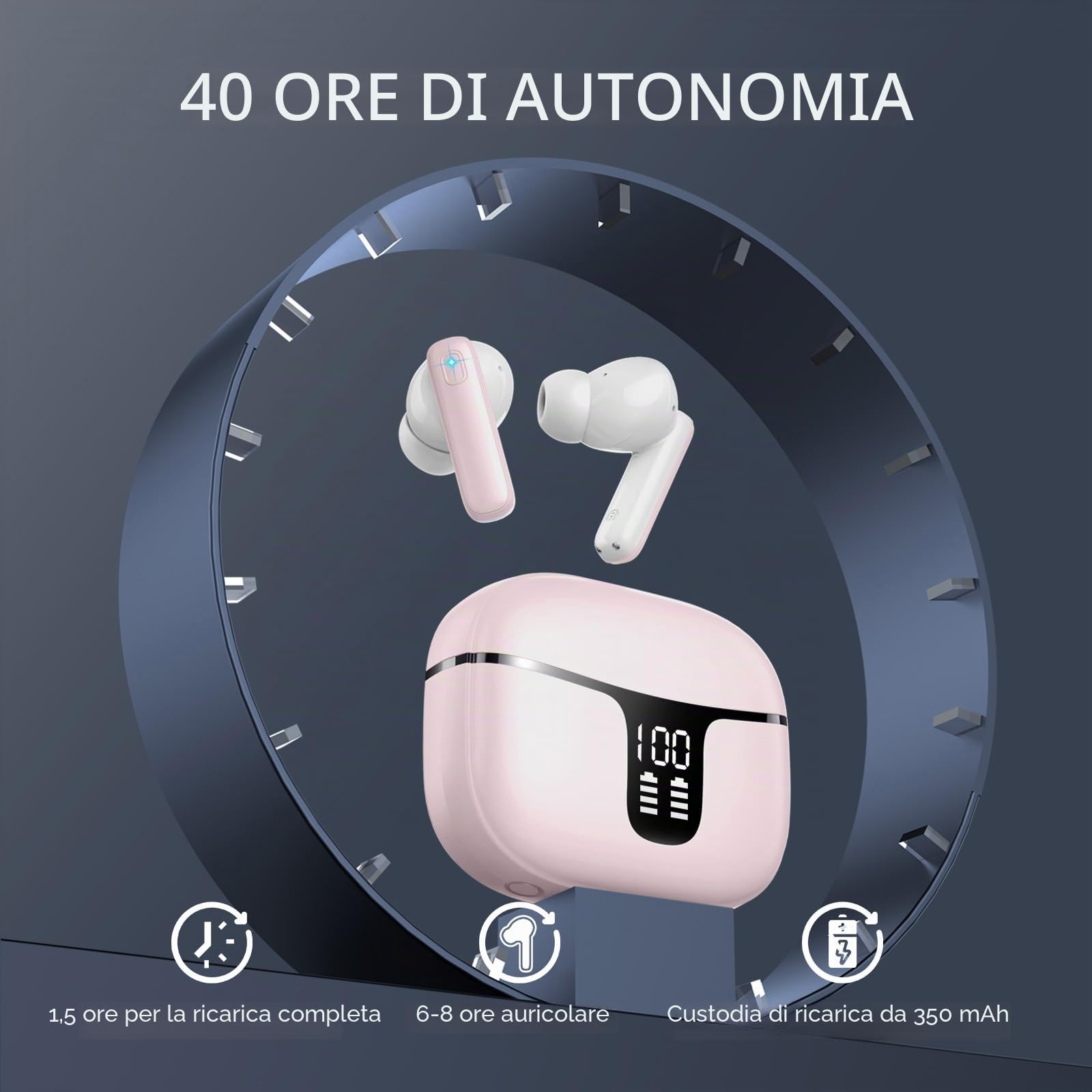 Cuffie Bluetooth Stereo HiFi Immersivo con HD Mic - Wireless in Ear 40H LED Display - IP7 Impermeabili Touch Control Auricolari Senza Fili USB-C Rosa