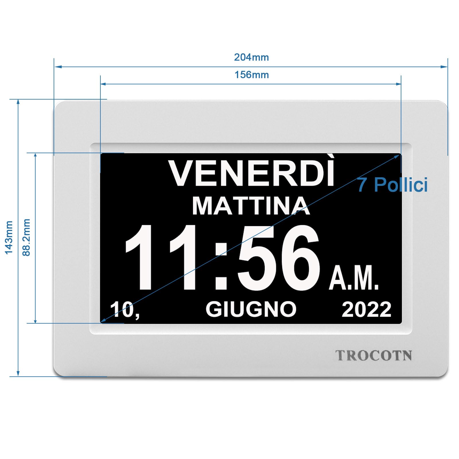 TROCOTN Orologio digitale da 7 Pollici Calendario Orologio da parete con ampio display Sveglia (Bianco)