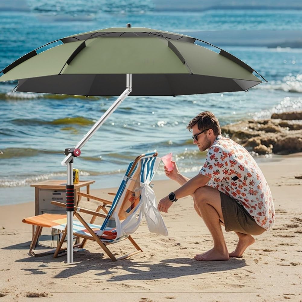 2 Daszkami Parasol Wędkarski z Wentylacją, 220 cm Przenośny Kempingowy Parasol Plażowy Pochylany Składany