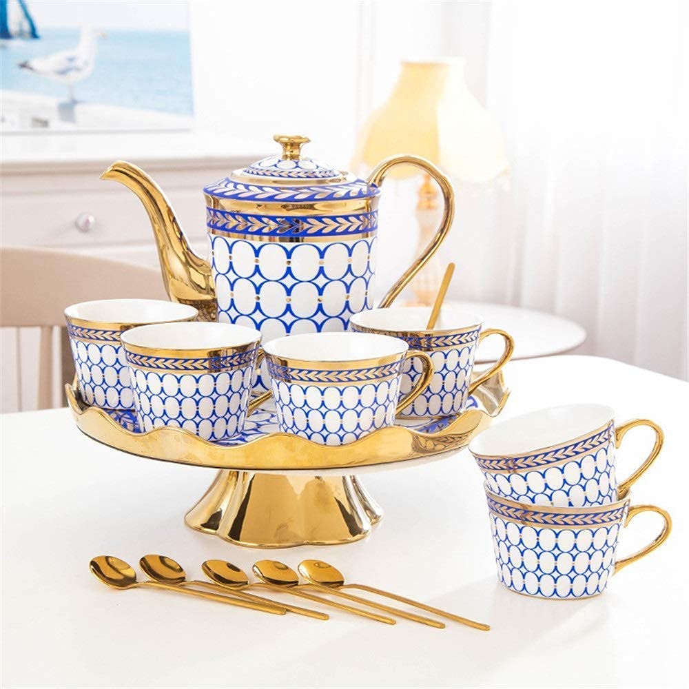 Juego de Tazas de té y café de cerámica con diseño Enrejado y Detalles Dorados. Incluye 6 Tazas de té con Bandeja giratoria (Juego de 14 Tazas Azules).