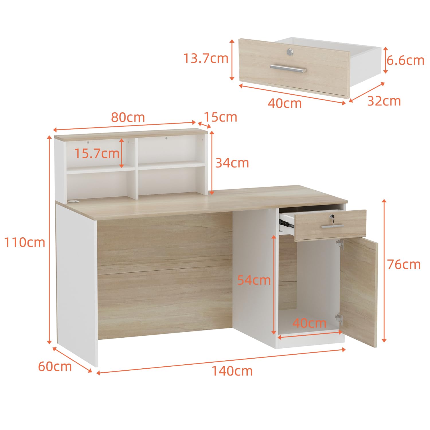 Caldion Rezeptionstheke 140cm mit Schublade und Regalen Weiß Eiche 140x60x110cm