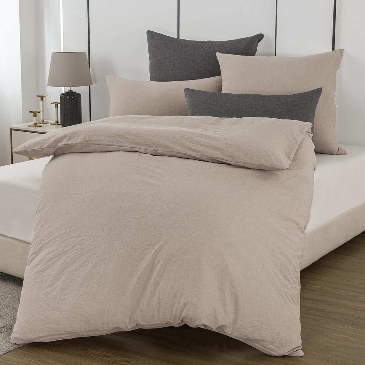 Bed Linen 155 x 220 cm Cotton Beige - Bed Linen Sets 2-Piece Soft, 100% Washed Cotton, Includes 1 Duvet Cover 155 x 220 cm and 1 Pillowcase 80 x 80 cm with Zip-image-18