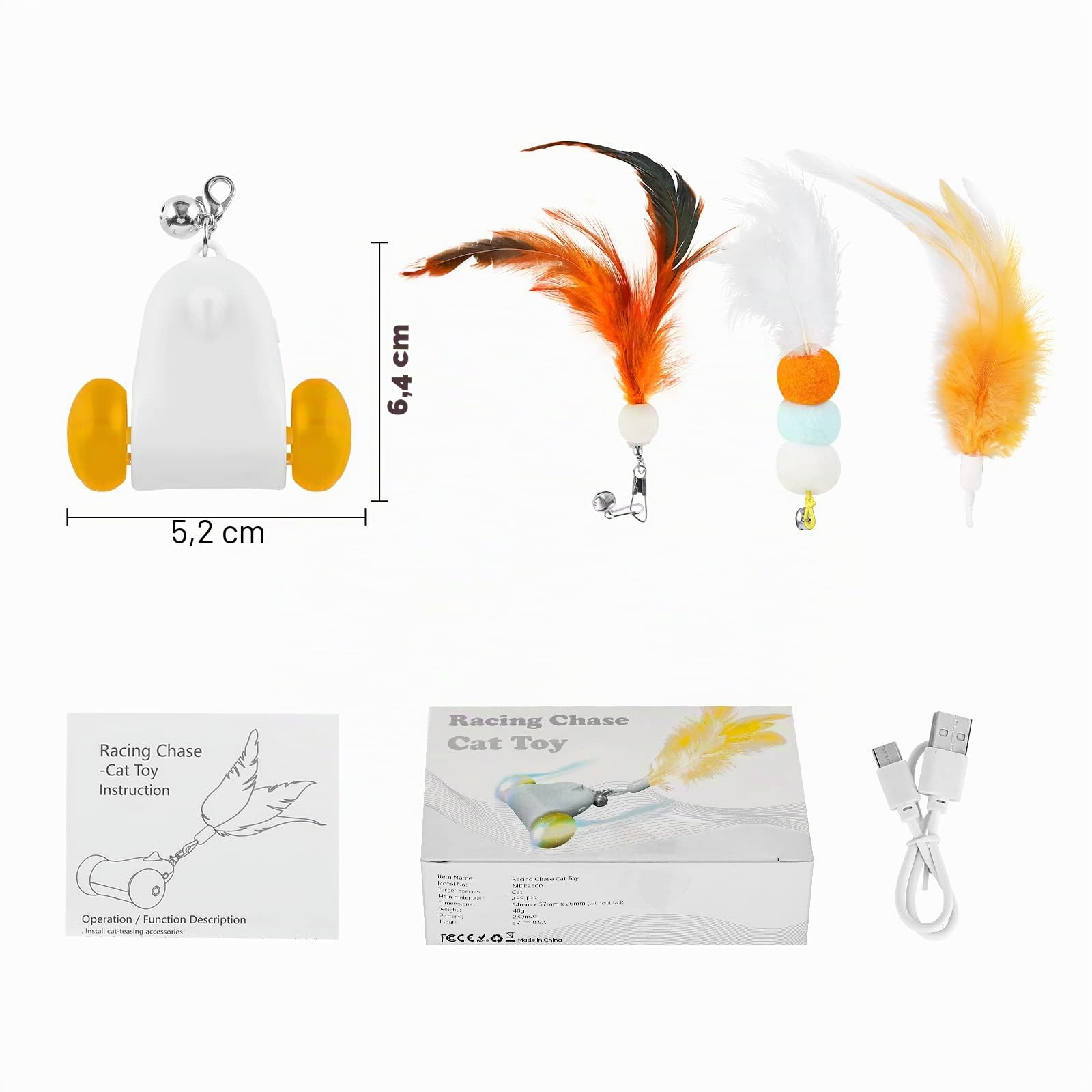 HAPPY HACHI Jouet Interactif pour Chat, 2 Vitesses Réglables, Mouvement Irrégulier USB Rechargeable Jouet Chat Interieur, avec Lumière LED Colorée, stimule l'instinct de Chasse, avec 3 Plumes